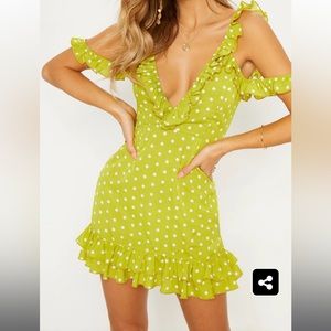 BNWOT PLT LIME POLKA DOT FRILL HEM BODYCON DRESS